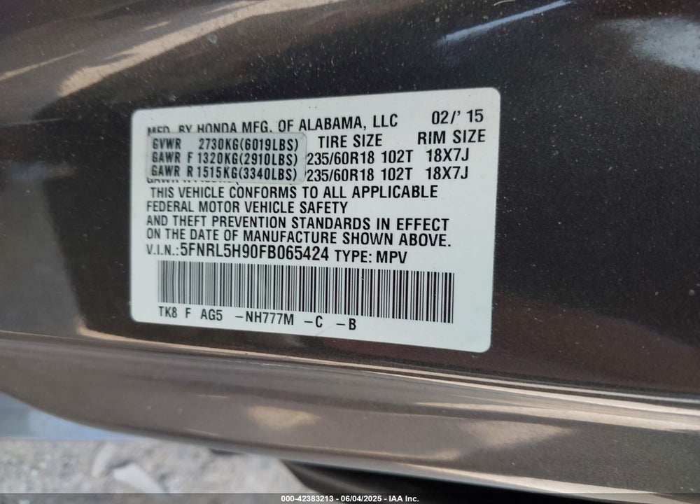2015 HONDA ODYSSEY TOURING/TOURING ELITE VIN: 5FNRL5H90FB065424