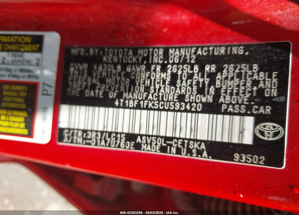 2012 TOYOTA CAMRY SE VIN: 4T1BF1FK5CU593420