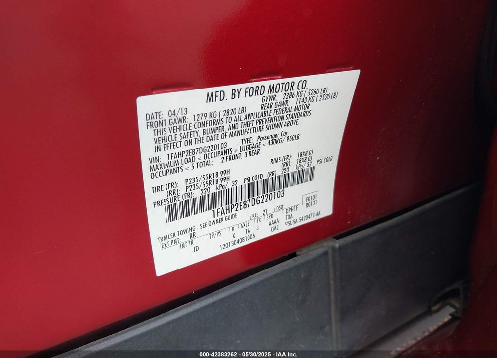 2013 FORD TAURUS SEL VIN: 1FAHP2E87DG220103