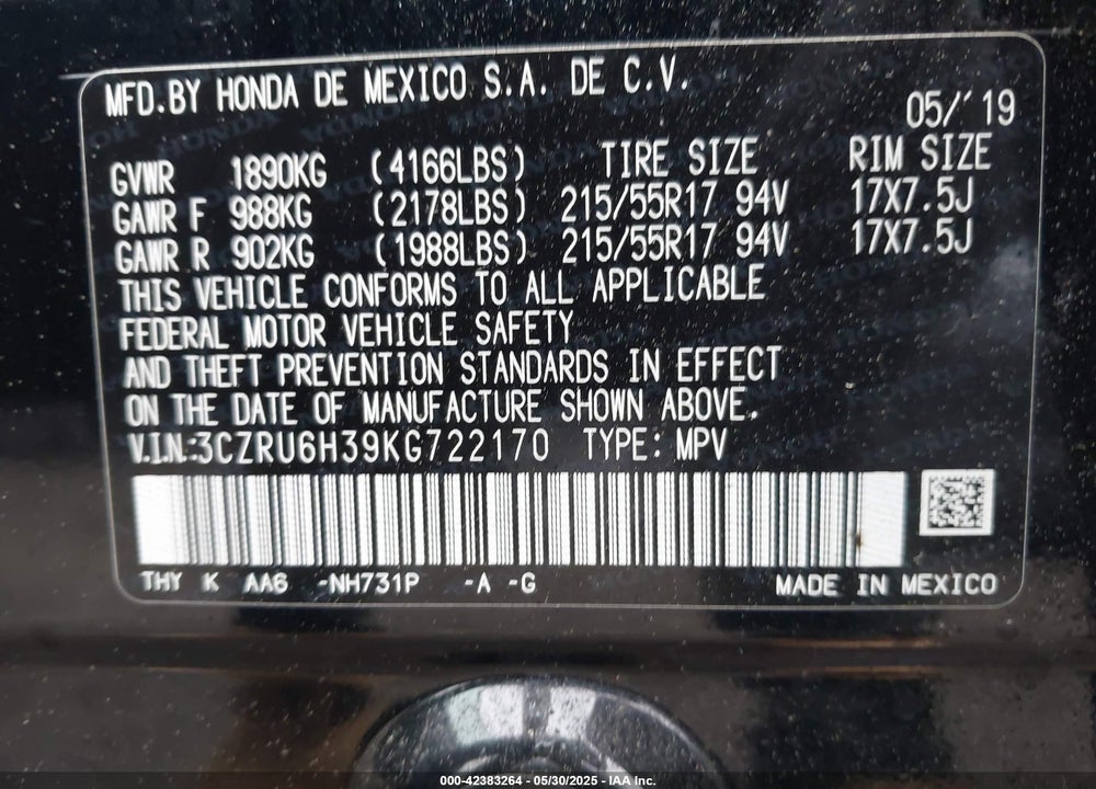 2019 HONDA HR-V VIN: 3CZRU6H39KG722170
