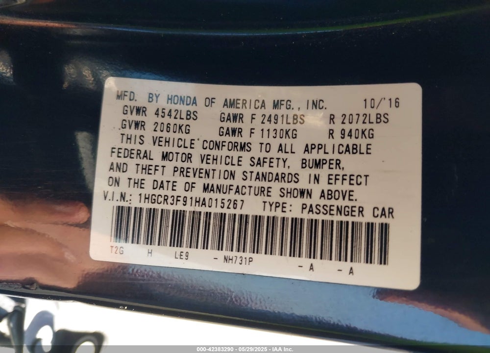 2017 HONDA ACCORD VIN: 1HGCR3F91HA015267