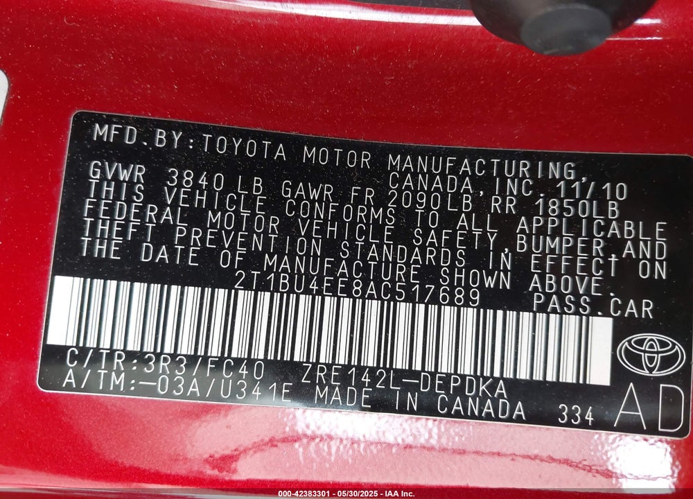 2010 TOYOTA COROLLA VIN: 2T1BU4EE8AC517689