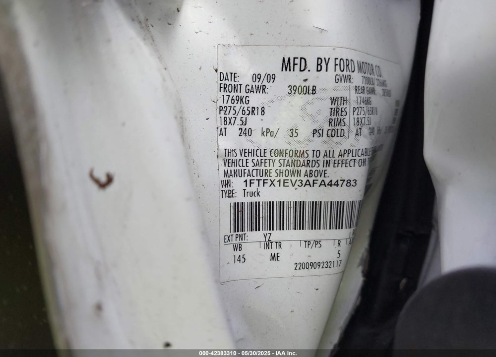 2010 FORD F-150 VIN: 1FTFX1EV3AFA44783
