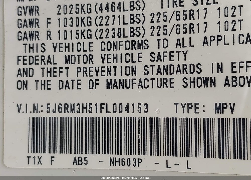 2015 HONDA CR-V EX VIN: 5J6RM3H51FL004153