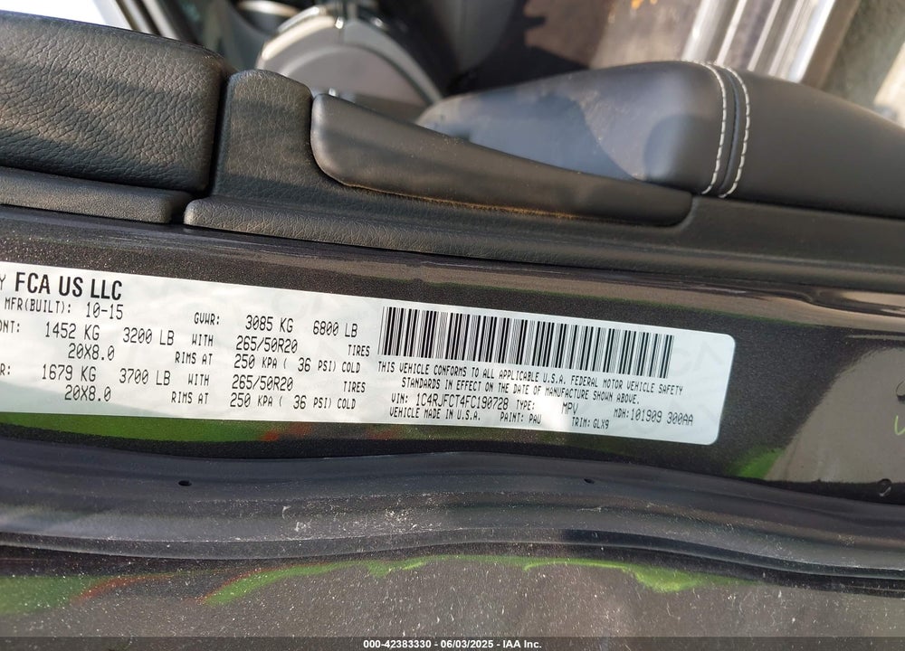 2015 JEEP GRAND CHEROKEE VIN: 1C4RJFCT4FC190728