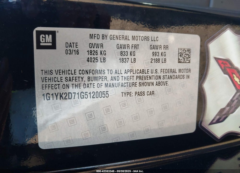 2016 CHEVROLET CORVETTE VIN: 1G1YK2D71G5120055