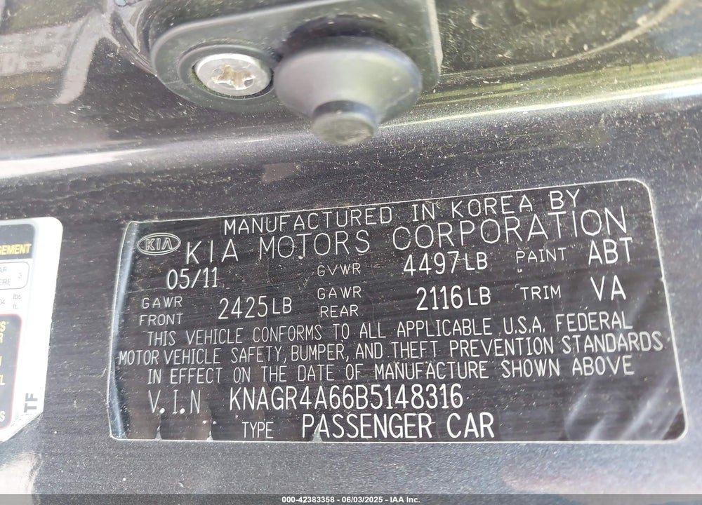 2011 KIA OPTIMA VIN: KNAGR4A66B5148316