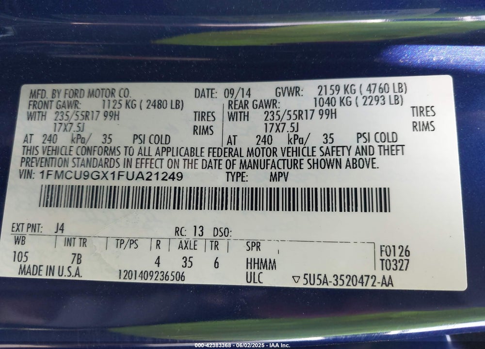 2015 FORD ESCAPE SE VIN: 1FMCU9GX1FUA21249