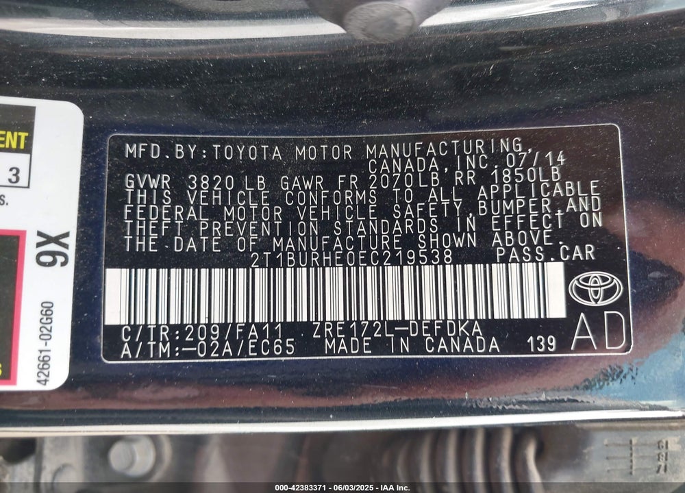 2014 TOYOTA COROLLA L VIN: 2T1BURHE0EC219538