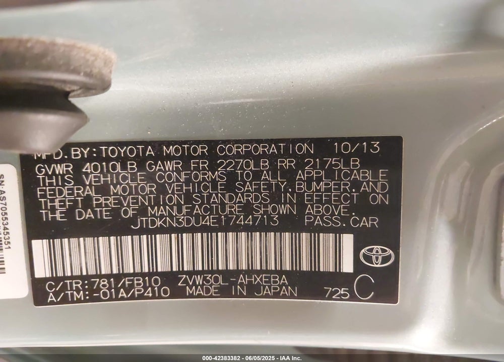 2014 TOYOTA PRIUS FIVE/FOUR/THREE/TWO VIN: JTDKN3DU4E1744713
