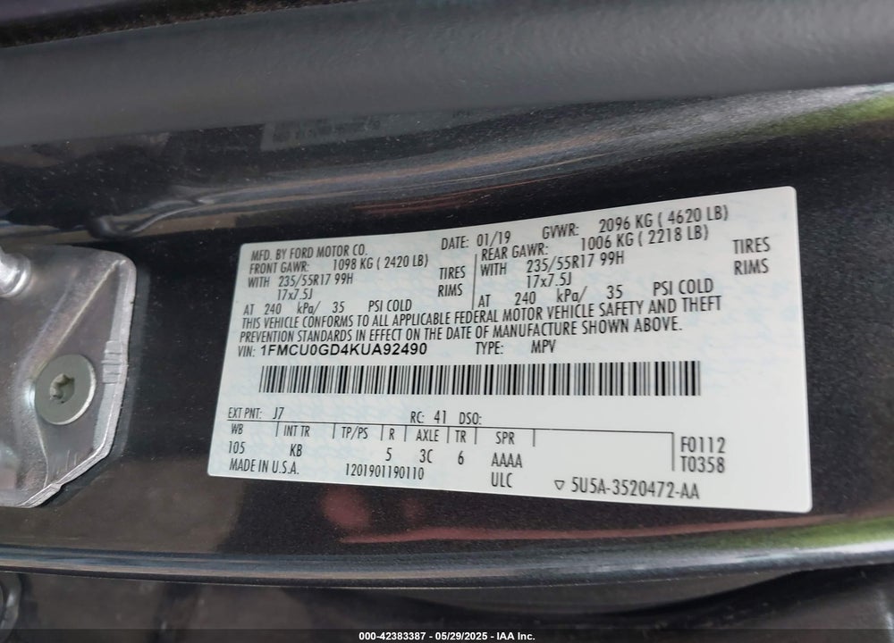 2019 FORD ESCAPE VIN: 1FMCU0GD4KUA92490
