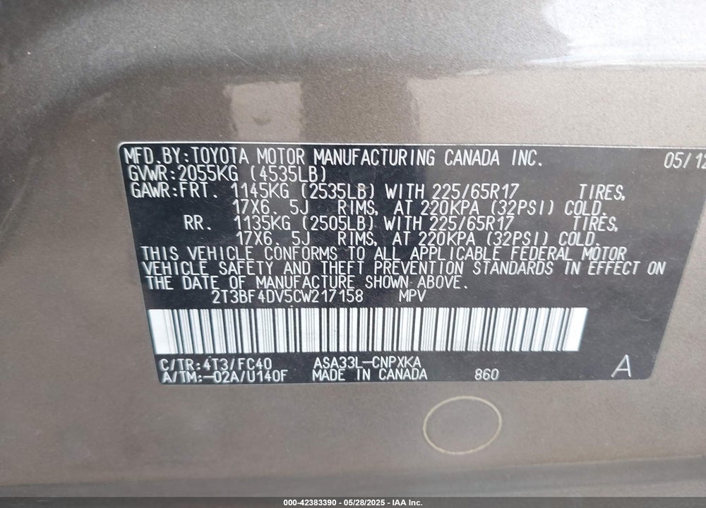 2012 TOYOTA RAV4 VIN: 2T3BF4DV5CW217158
