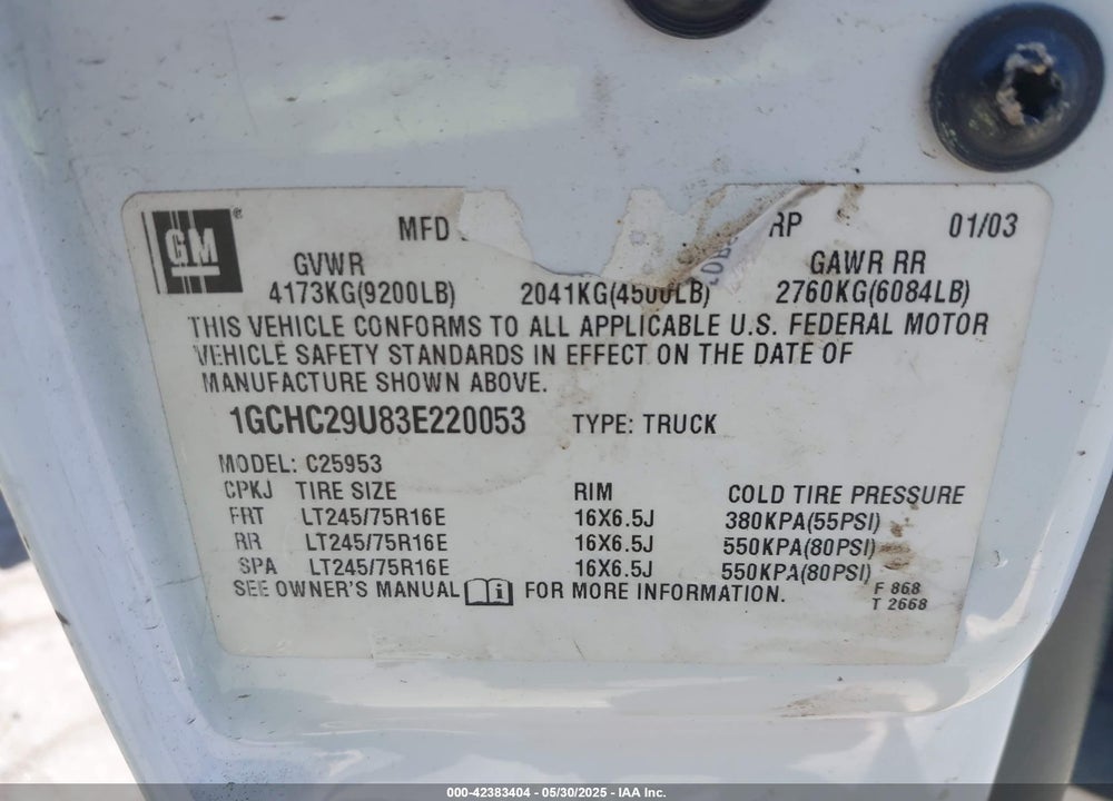 2003 CHEVROLET SILVERADO 2500HD VIN: 1GCHC29U83E220053