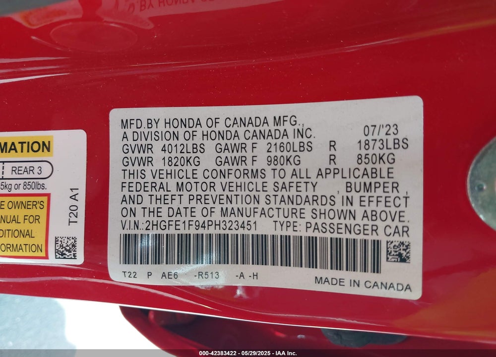 2023 HONDA CIVIC TOURING VIN: 2HGFE1F94PH323451