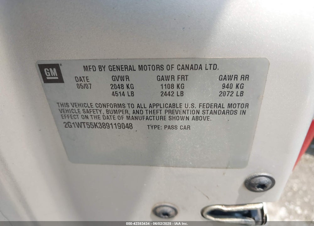 2008 CHEVROLET IMPALA VIN: 2G1WT55K389119048
