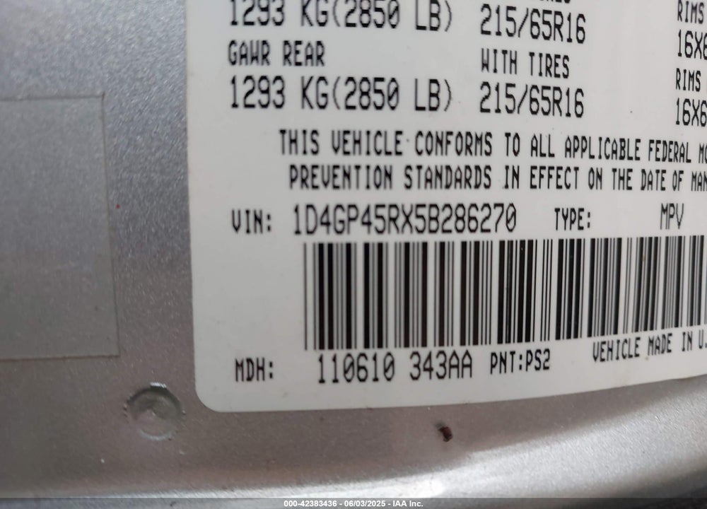 2005 DODGE CARAVAN SXT VIN: 1D4GP45RX5B286270