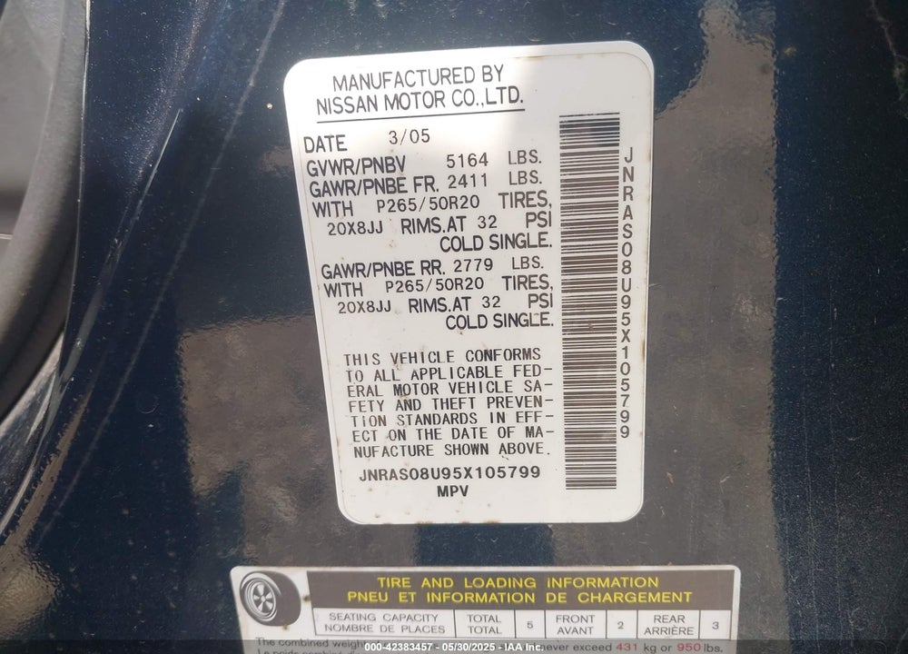 2005 INFINITI FX35 VIN: JNRAS08U95X105799