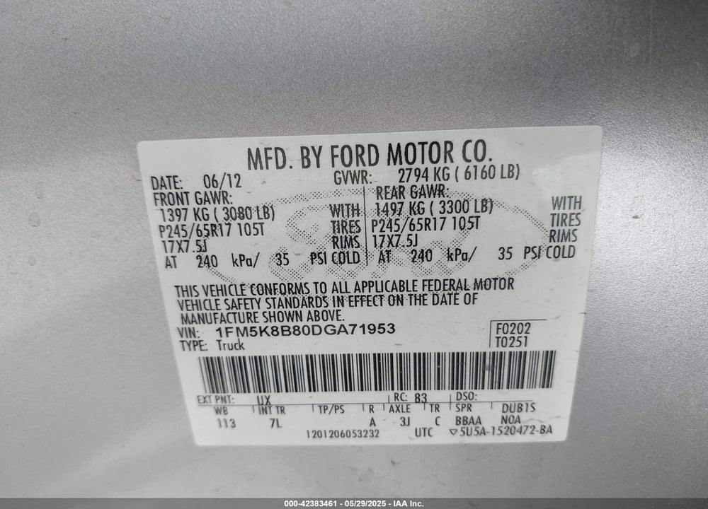 2013 FORD EXPLORER VIN: 1FM5K8B80DGA71953