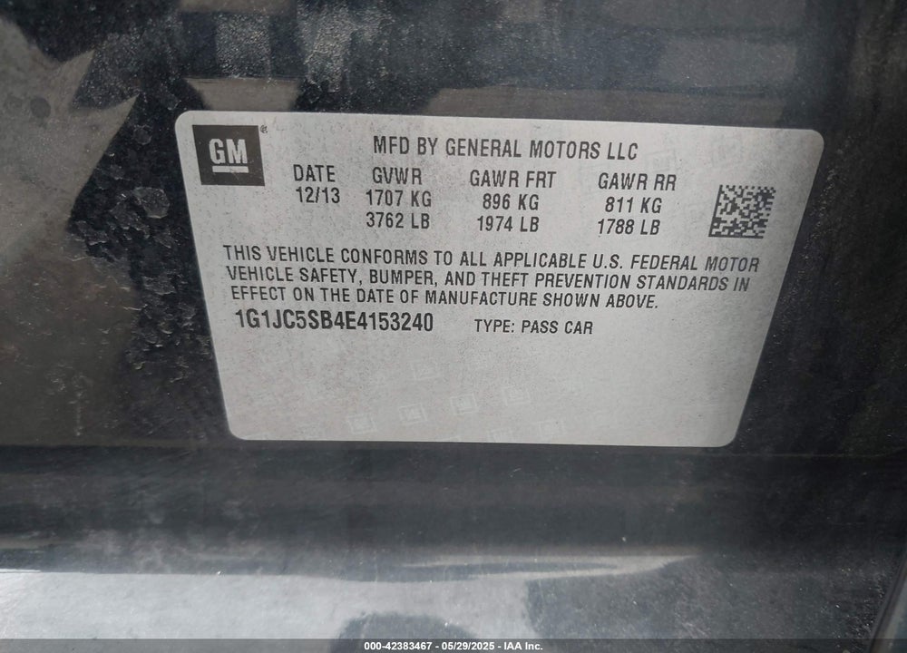 2014 CHEVROLET SONIC LT AUTO VIN: 1G1JC5SB4E4153240
