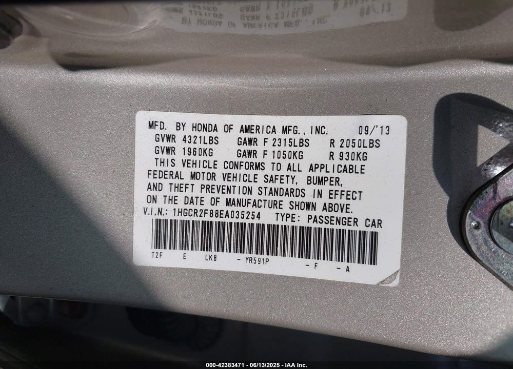 2014 HONDA ACCORD VIN: 1HGCR2F88EA035254