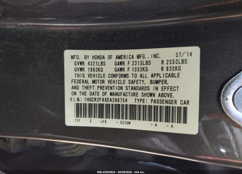2014 HONDA ACCORD EX-L VIN: 1HGCR2F8XEA288754