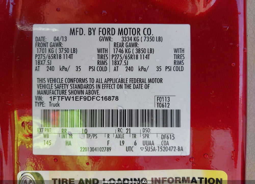 2013 FORD F150 VIN: 1FTFW1EF9DFC16878