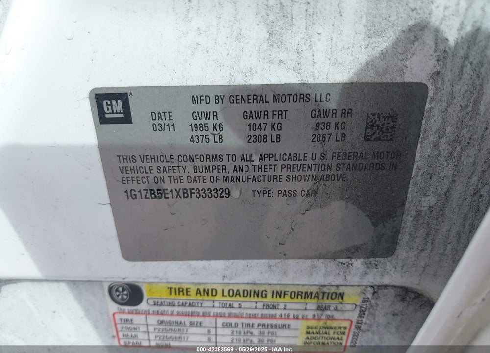 2011 CHEVROLET MALIBU LS VIN: 1G1ZB5E1XBF333329