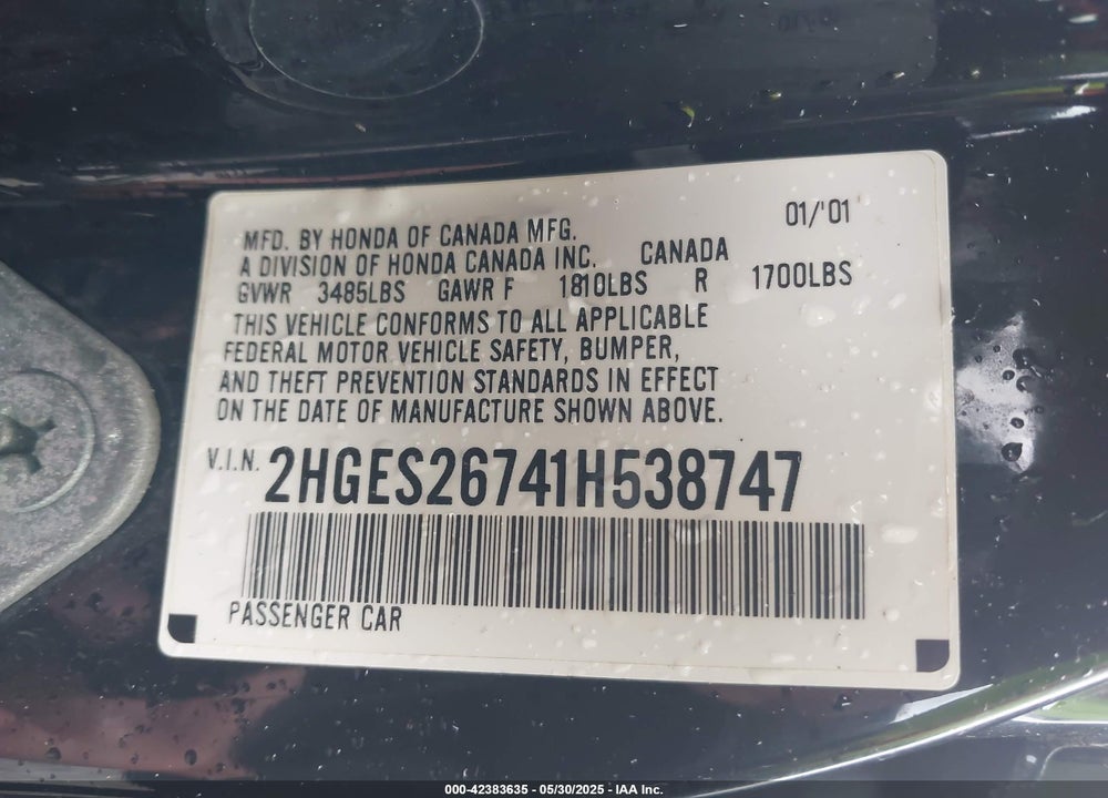 2001 HONDA CIVIC EX VIN: 2HGES26741H538747