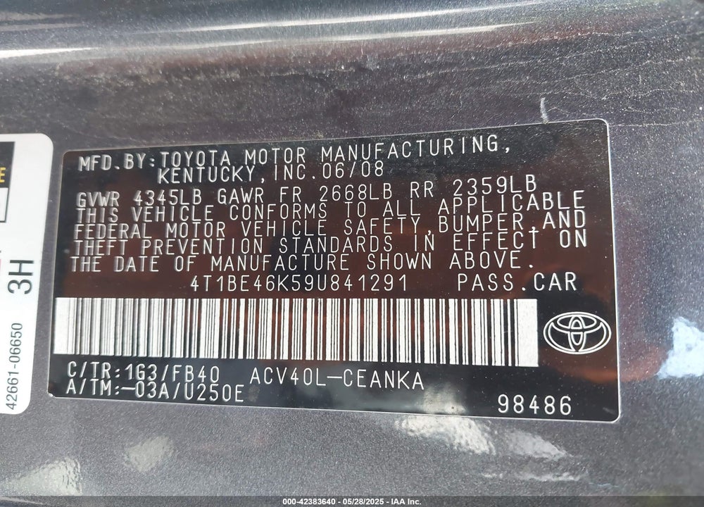 2009 TOYOTA CAMRY LE VIN: 4T1BE46K59U841291