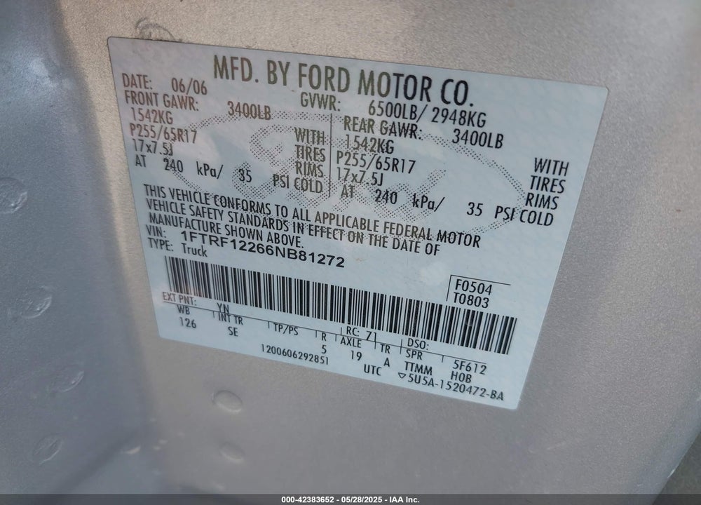 2006 FORD F-150 STX/XL/XLT VIN: 1FTRF12266NB81272