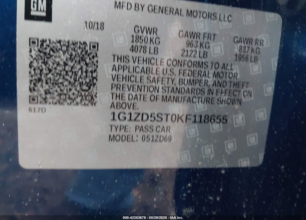 2019 CHEVROLET MALIBU VIN: 1G1ZD5ST0KF118655