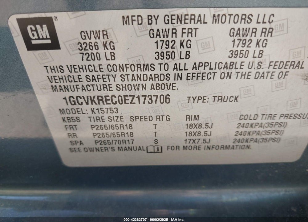 2014 CHEVROLET SILVERADO 1500 2LT VIN: 1GCVKREC0EZ173706