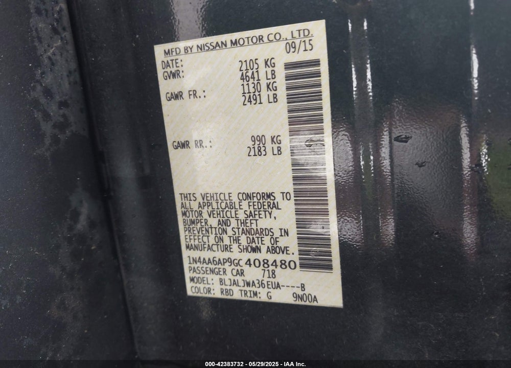 2016 NISSAN MAXIMA VIN: 1N4AA6AP9GC408480