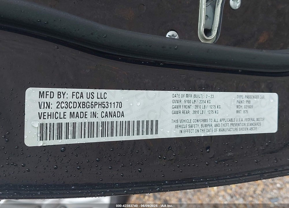 2023 DODGE CHARGER SXT VIN: 2C3CDXBG6PH531170