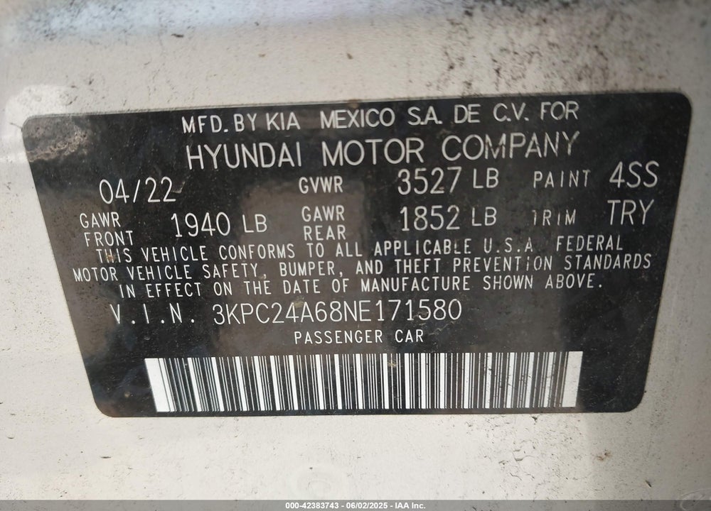 2022 HYUNDAI ACCENT VIN: 3KPC24A68NE171580