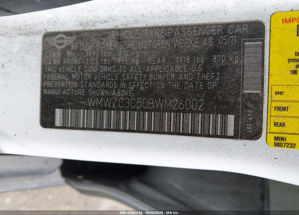2011 MINI COOPER S COUNTRYMAN VIN: WMWZC3C50BWM26002