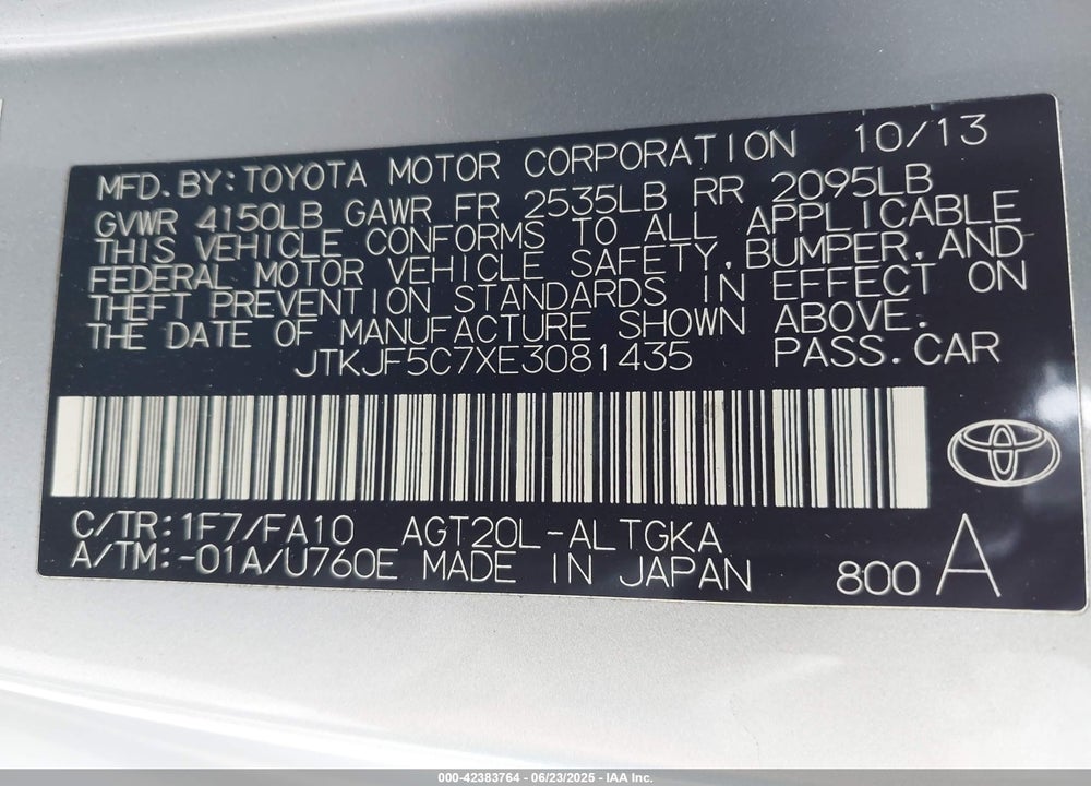 2014 SCION TC VIN: JTKJF5C7XE3081435