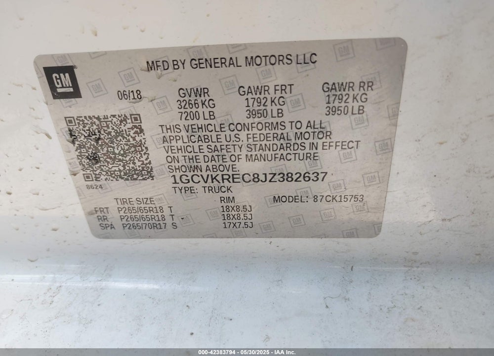 2018 CHEVROLET SILVERADO 1500 VIN: 1GCVKREC8JZ382637
