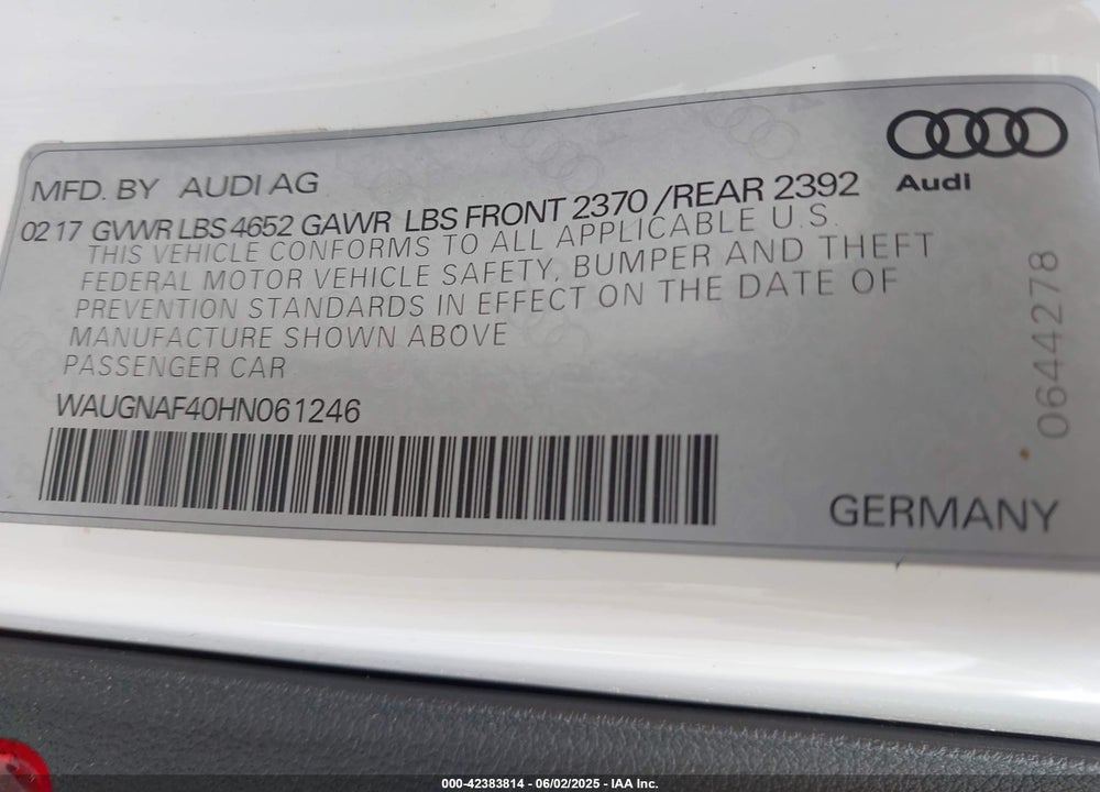 2017 AUDI A4 2.0T PREMIUM VIN: WAUGNAF40HN061246