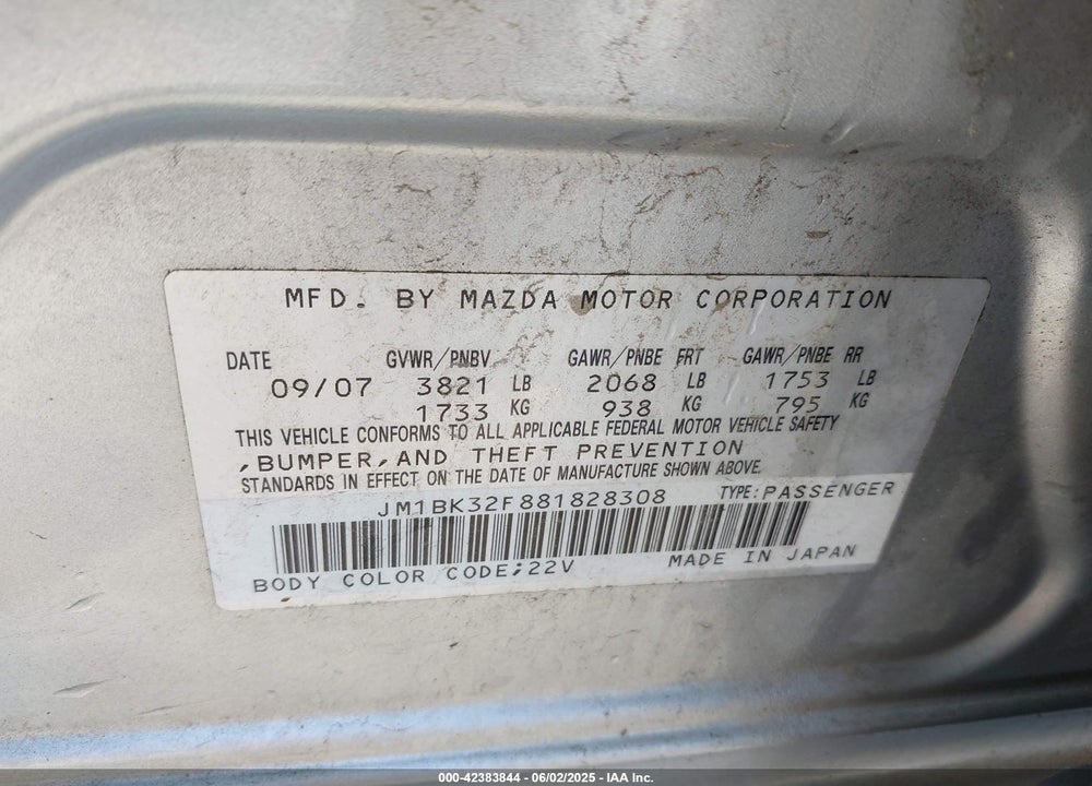 2008 MAZDA 3 I VIN: JM1BK32F881828308
