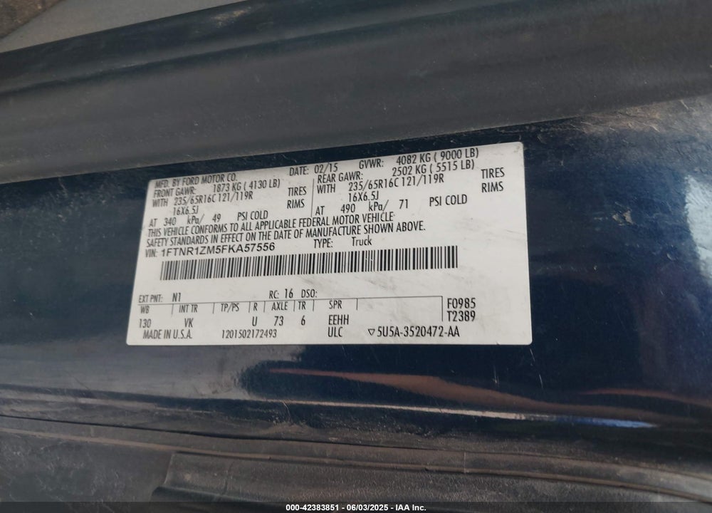 2015 FORD TRANSIT T-250 VIN: 1FTNR1ZM5FKA57556