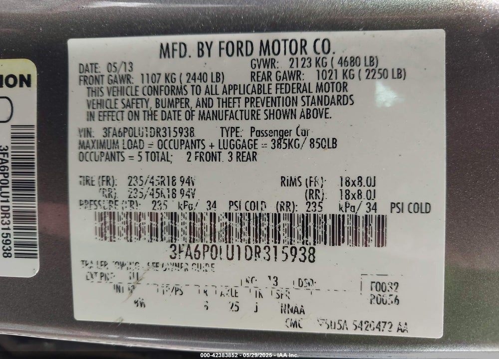 2013 FORD FUSION HYBRID SE VIN: 3FA6P0LU1DR315938