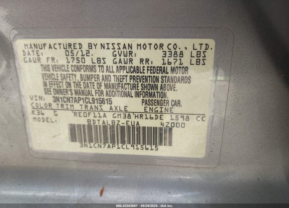 2012 NISSAN VERSA 1.6 SV VIN: 3N1CN7AP1CL915615