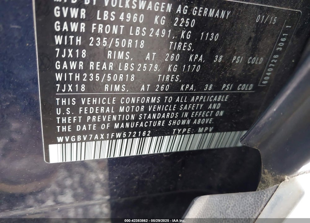 2015 VOLKSWAGEN TIGUAN VIN: WVGBV7AX1FW572162