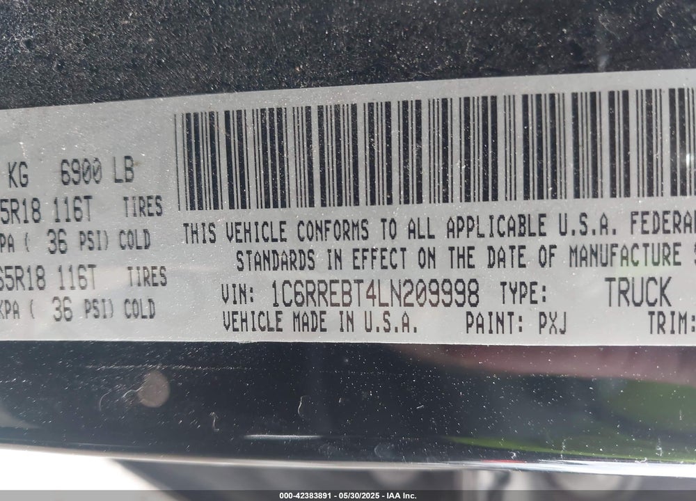 2020 RAM 1500 VIN: 1C6RREBT4LN209998