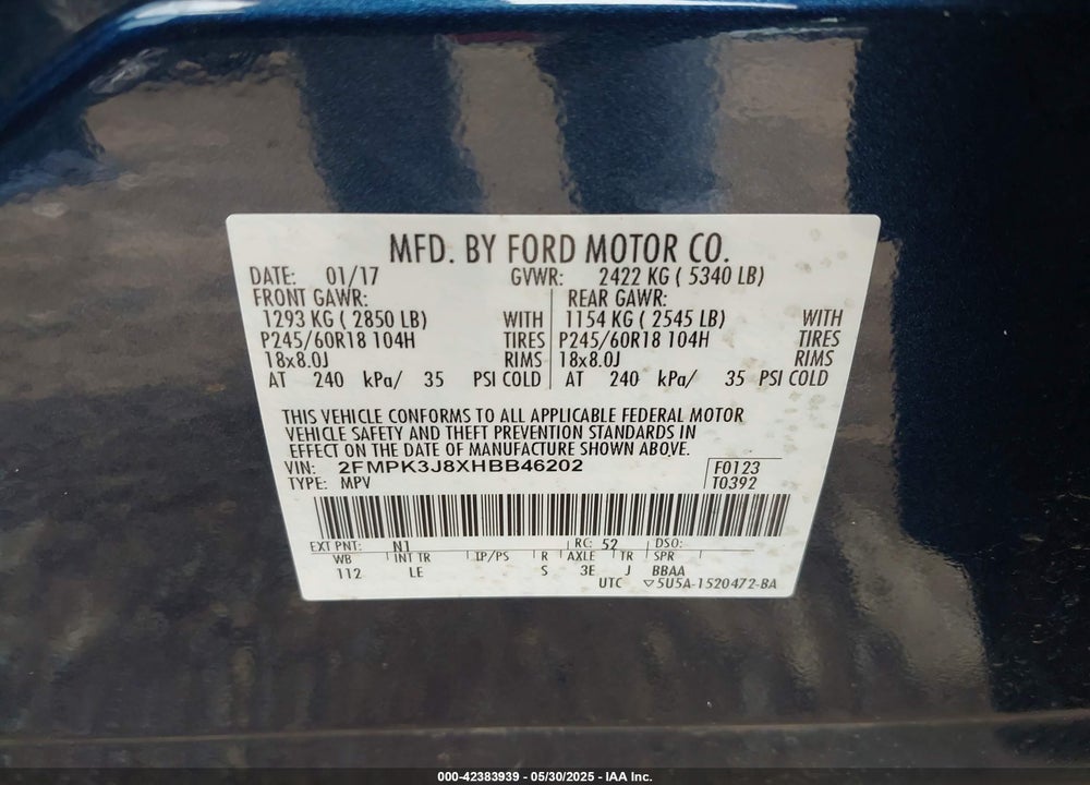 2017 FORD EDGE VIN: 2FMPK3J8XHBB46202