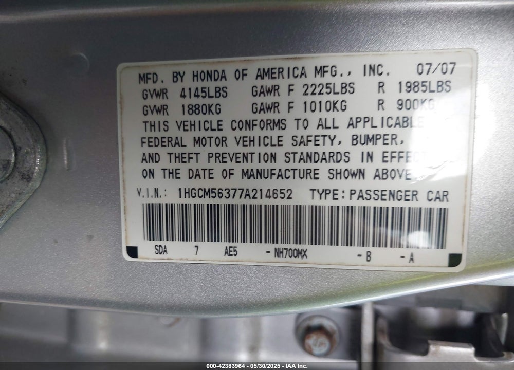 2007 HONDA ACCORD 2.4 SE VIN: 1HGCM56377A214652