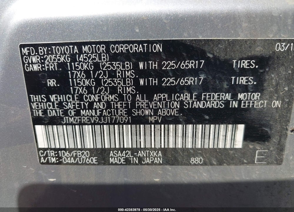 2018 TOYOTA RAV4 VIN: JTMZFREV9JJ177091