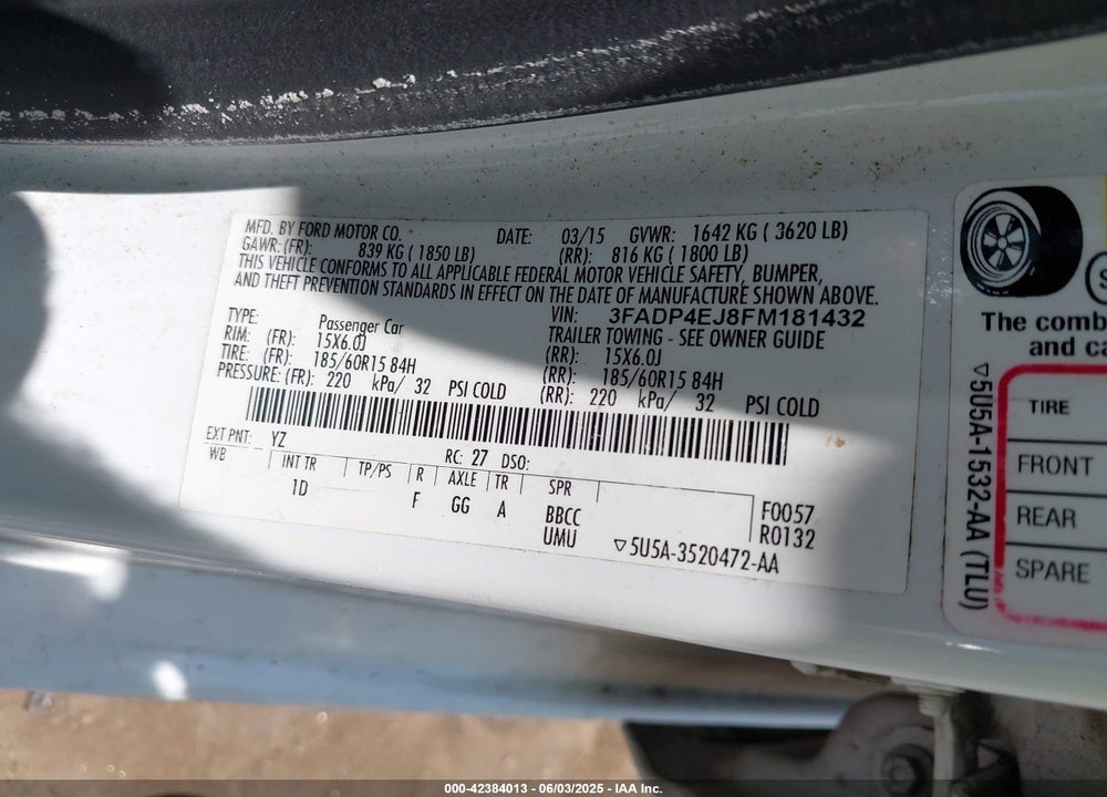2015 FORD FIESTA VIN: 3FADP4EJ8FM181432