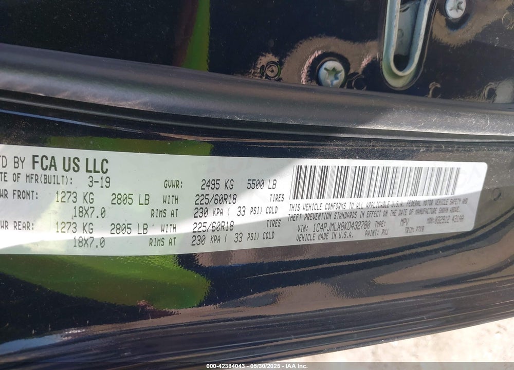 2019 JEEP CHEROKEE VIN: 1C4PJMLX8KD432780